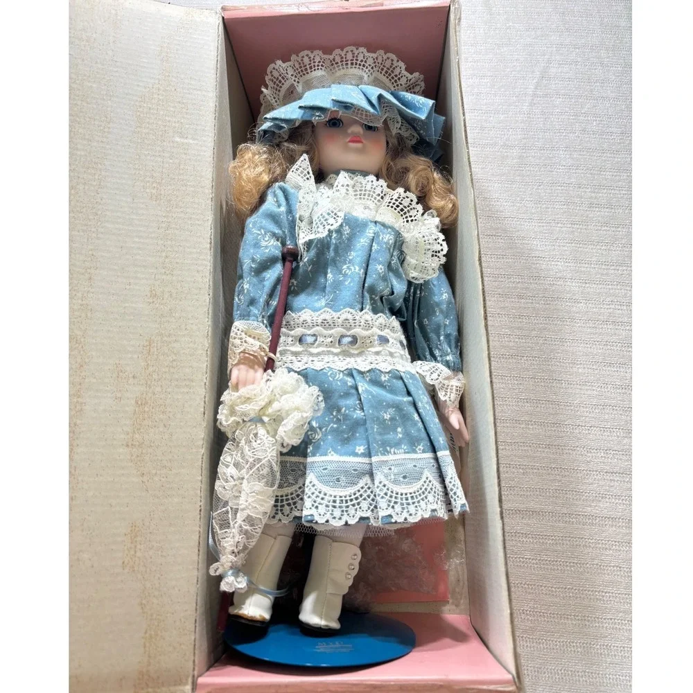 Marian Yu Designs Porcelain Doll Blue Floral Lace Dress Parasol Victorian MYD